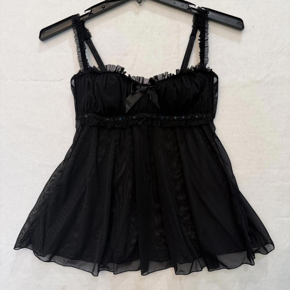 Fredericks of Hollywood Black Babydoll Sequin Padded Bra Top Women's MEDIUM